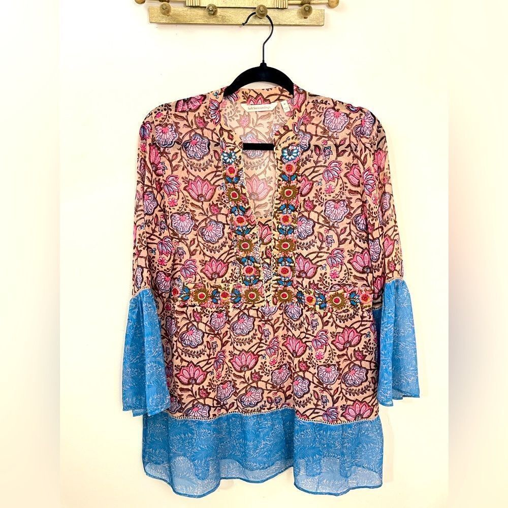 Soft Surroundings Pergola Floral Boho Embroidered Sheer Tunic Top M